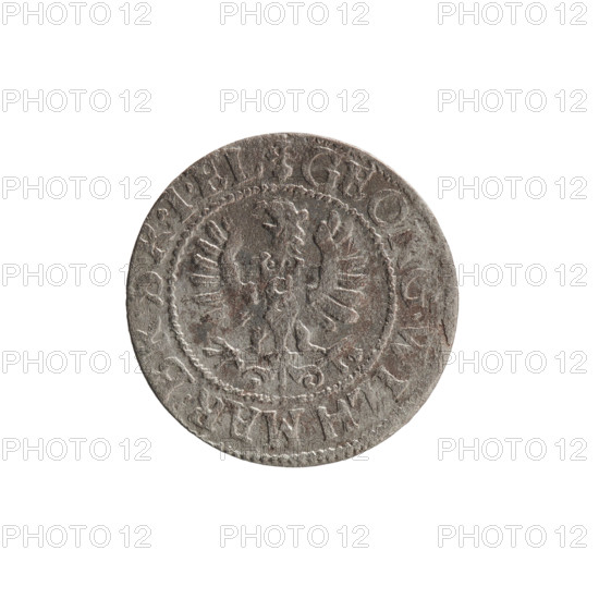 szelag, Ernest Pfahler, George William Hohenzollern (Elector of Brandenburg; Prince of Prussia; 1620–1640), Obv.: Prussian eagle, on its chest the crowned letter S; in the rim between the borders an inscription beginning with a heart - GEORG.WILH.MAR.BR.SRIEL. Rev.: monogram composed of the letters GW; in the rim between the borders an inscription beginning with a rosette, divided by the Hohenzollern coat of arms SOLIDVS.PR - VS; 1628; Ducal Prussia (1525–1701), Königsberg; coin; diameter 15.9 mm; weight 0.67 g; axis 0°; decorative elements: eagles, Hohenzollern coat of arms, rosettes.