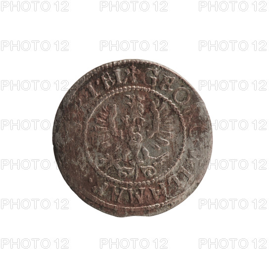 szelag, eagles, George William Hohenzollern (Elector of Brandenburg; Prince of Prussia; 1620–1640), rosettes, Hohenzollern (coat of arms). Obverse: Prussian eagle with crowned letter S on its chest; in the rim between borders an inscription beginning with a heart — the hallmark, EO, WIL, L. Reverse: monogram composed of the letters GW; in the rim between borders an inscription beginning with a rosette, divided by the Hohenzollern coat of arms SOLIDVS.PR -. 1628. Ducal Prussia (1525–1701), Königsberg. Coin: diameter 16.8 mm, weight 0.74 g, axis 0°.
