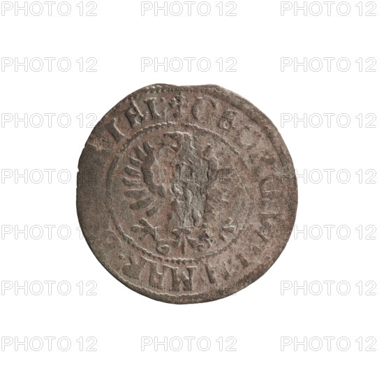 szelag, Pfahler, Ernest; Obv. Prussian eagle, on its chest the crowned letter S; in the rim between the rims an inscription beginning with a heart - hallmark, E, MAR., I.EL.; Rv. Monogram composed of the letters GW; in the rim between the borders an inscription beginning with a rosette, divided by the Hohenzollern coat of arms SOLIDVS.PR -; eagles; Hohenzollern (coat of arms); 1628; Ducal Prussia (1525–1701), Königsberg; coin; diameter 16.6 mm; weight 0.47 g; axis 0°