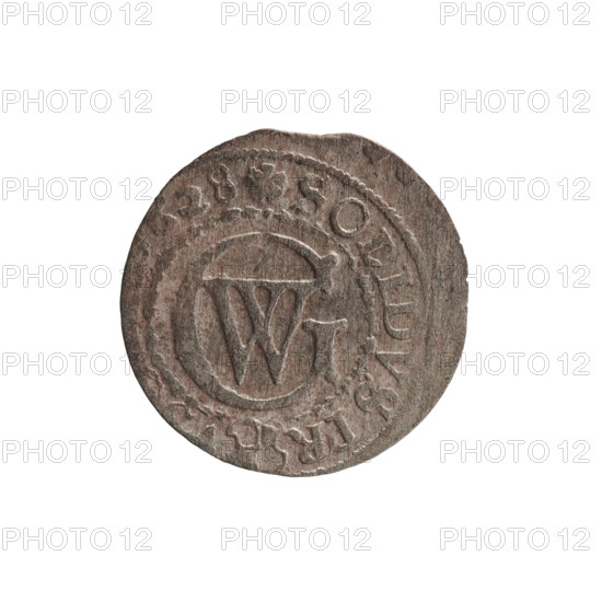 szelag; maker: Pfahler, Ernest; Obverse: Prussian eagle with crowned letter S on its chest; rim inscription beginning with a heart hallmark, E, MAR., I.EL.; Reverse: monogram composed of the letters GW and rim inscription beginning with a rosette, divided by the Hohenzollern coat of arms SOLIDVS.PR; motifs: eagles, Hohenzollern coat of arms, rosettes; date: 1628; region: Ducal Prussia (1525–1701), Königsberg; denomination: coin (szelag); diameter 16.6 mm; weight 0.47 g; axis 0 degrees.