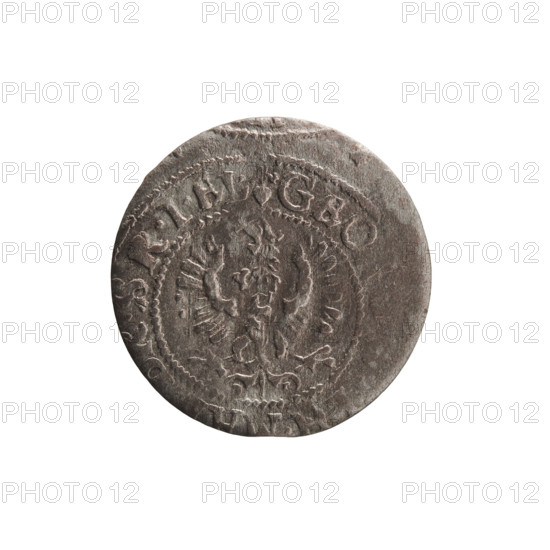 szelag; maker Ernest Pfahler; coin of George William Hohenzollern (Elector of Brandenburg; Prince of Prussia; ruled 1620–1640); Obverse: Prussian eagle, on its chest a crowned letter S; rim inscription beginning with a heart — hallmark GEO, SRIEL; Reverse: monogram composed of the letters GW; rim inscription beginning with a rosette, divided by the Hohenzollern coat of arms: SOLI .PR - VSSIA .1628; date 1628; Duchy of Prussia (1525–1701), Königsberg; coin; diameter 16.6 mm; weight 0.49 g; axis 0°.