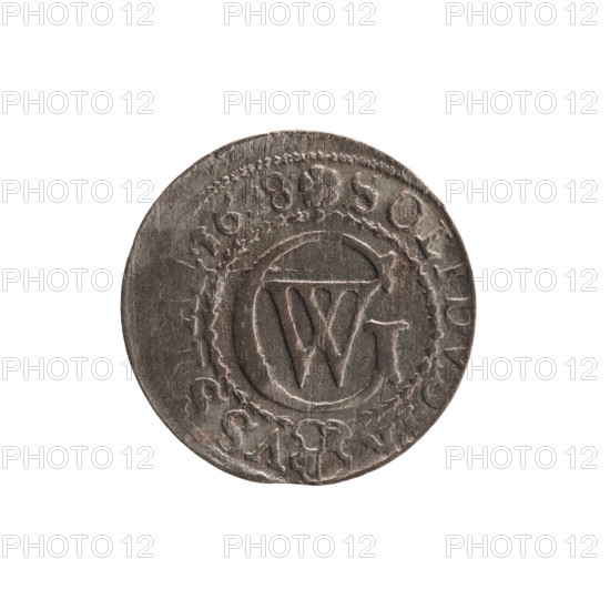 szelag, George William Hohenzollern (Elector of Brandenburg; Prince of Prussia; 1620–1640), 1628, Ducal Prussia (1525–1701), Königsberg; coin (diameter 16.6 mm, weight 0.49 g, axis 0°). Obverse: Prussian eagle, on its chest a crowned letter S; in the rim between borders an inscription beginning with a heart — the hallmark GEO, SRIEL. Reverse: monogram composed of the letters GW; in the rim between borders an inscription beginning with a rosette, divided by the Hohenzollern coat of arms SOLI .PR - VSSIA .1628.