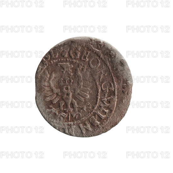 szelag, Pfahler, Ernest; George William Hohenzollern (Elector of Brandenburg; Prince of Prussia; 1620–1640); Ducal Prussia (1525–1701), Königsberg; 1628; coin; diameter 16.5 mm; weight 0.65 g; axis 0°. WQXBCFS
I:\nmw crop ready cleaned\Obverse: Prussian eagle; on its chest a crowned letter S; in the rim between borders an inscription beginning with a heart — the hallmark, GEORG.WILH.M; monogram composed of the letters GW. WQXBCFS
I:\nmw crop ready cleaned\Reverse: Hohenzollern coat of arms flanked by eagles and rosettes; in the rim between borders an inscription beginning with a rosette, divided by the Hohenzollern coat of arms: S - VSSIAE.162.