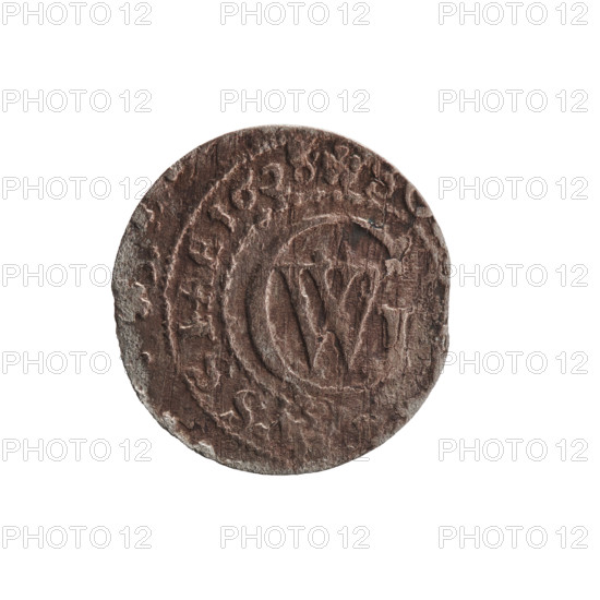szelag, Pfahler, Ernest; George William Hohenzollern (Elector of Brandenburg; Prince of Prussia; 1620–1640); obv. Prussian eagle with crowned letter S on its chest; rim inscription beginning with a heart hallmark GEORG.WILH.M; reverse monogram composed of the letters GW; reverse rim inscription beginning with a rosette, divided by the Hohenzollern coat of arms S - VSSIAE.162; dated 1628; Ducal Prussia (1525–1701), Königsberg; coin; diameter 16.5 mm; weight 0.65 g; axis 0°.