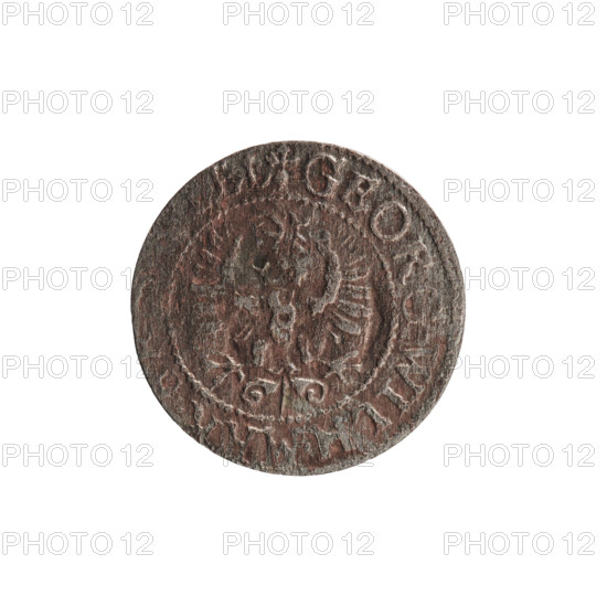 szelag; Ernest Pfahler; George William Hohenzollern (Elector of Brandenburg; Prince of Prussia; 1620–1640); Ducal Prussia (1525–1701), Königsberg; 1628; coin (szelag); Obverse: Prussian eagle with crowned letter S on its chest; rim inscription beginning with a heart — 'GEORG.WILH.MAR.'; Reverse: monogram composed of the letters GW; rim inscription beginning with a rosette, divided by the Hohenzollern coat of arms — 'SOLIDVS.PR • VSSIAE • 1628'; Hohenzollern coat of arms, eagles, rosettes; diameter 15.6 mm; weight 0.59 g; axis 0°.