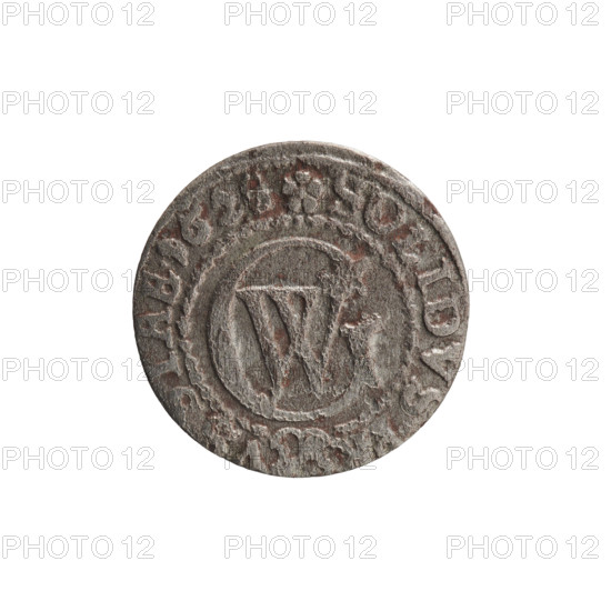 Szelag, 1628. Obverse: Prussian eagle with crowned letter 'S' on its chest; rim inscription beginning with a heart — 'GEORG.WILH.MAR.' Reverse: monogram composed of the letters 'GW'; rim inscription beginning with a rosette, divided by the Hohenzollern coat of arms — 'SOLIDVS.PR • VSSIAE.1628'. Maker: George William Hohenzollern (Elector of Brandenburg; Prince of Prussia; 1620–1640). Place: Ducal Prussia, Königsberg. Material/function: coin. Diameter 15.6 mm; weight 0.59 g; axis 0°.