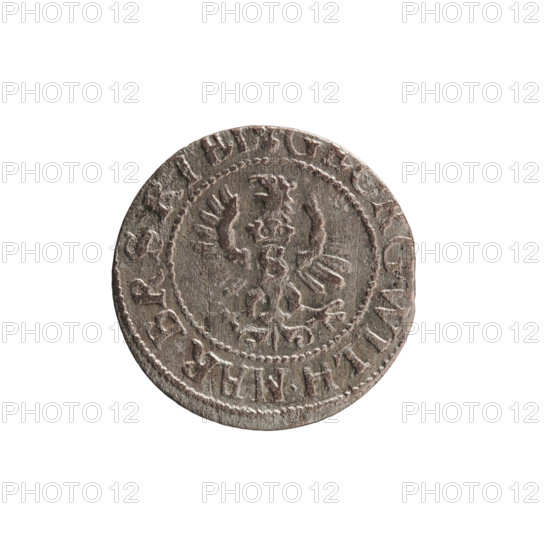 szelag, Pfahler, Ernest; George William Hohenzollern (Elector of Brandenburg; Prince of Prussia; 1620–1640). Obverse: Prussian eagle, on its chest the crowned letter S; in the rim between the borders an inscription beginning with a heart — the hallmark RG.WILH.MAR.BR.SRIEL. Reverse: monogram composed of the letters GW; in the rim between the borders an inscription beginning with a rosette, divided by the Hohenzollern coat of arms SOLIDVS.PR -; 28; 1628. Ducal Prussia (1525–1701), Königsberg. Coin; diameter 15.8 mm; weight 0.59 g; axis 0°.