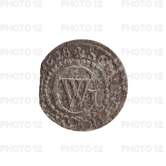 szelag, Pfahler, Ernest, George William Hohenzollern (Elector of Brandenburg; Prince of Prussia; 1620–1640). Obverse: Prussian eagle, on its chest a crowned letter S. Rim inscription beginning with a heart — the hallmark GEOR, WILH.MAR.BR, I.EL. Reverse: monogram composed of the letters GW. Rim inscription beginning with a rosette, divided by the Hohenzollern coat of arms: SOLIDVS.PR –, 628. Date: 1628. Place: Ducal Prussia (1525–1701), Königsberg. Coin: diameter 15.8 mm, weight 0.64 g, axis 0°.