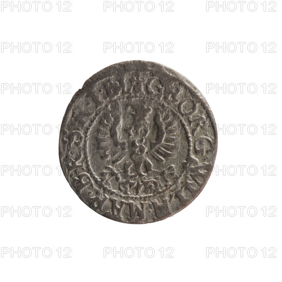 szelag by Ernest Pfahler, 1628. Obverse: Prussian eagle with a crowned letter S on its chest; rim inscription beginning with a heart-shaped hallmark G, 'ORG.WIL .MAR.BR.S. .I.EL.' Reverse: monogram composed of the letters GW; rim inscription beginning with a rosette, divided by the Hohenzollern coat of arms, reading 'SOLIDVS.PR - VSSIAE.1628'. Features Hohenzollern coat of arms and rosettes. Königsberg, Ducal Prussia (1525–1701). Coin; diameter 16.4 mm, weight 0.47 g, axis 0°.