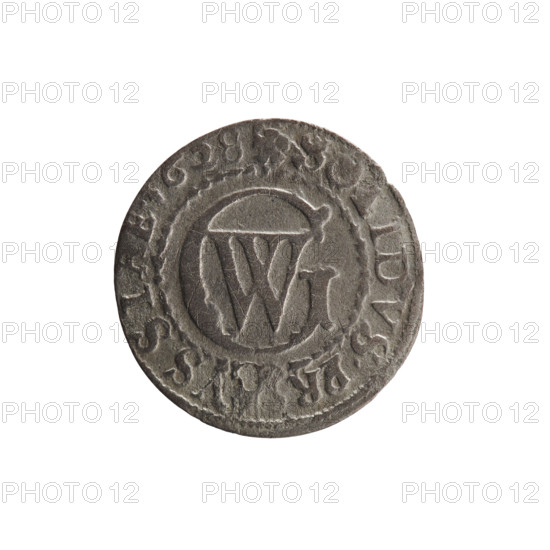 szelag by Ernest Pfahler (George William Hohenzollern, Elector of Brandenburg; Prince of Prussia; 1620–1640). Obverse: Prussian eagle with a crowned letter S on its chest; rim inscription beginning with a heart-shaped hallmark G, ORG.WIL, .MAR.BR.S., .I.EL. Reverse: monogram composed of the letters GW; rim inscription beginning with a rosette, divided by the Hohenzollern coat of arms SOLIDVS.PR - VSSIAE.1628. Date: 1628. Mint: Königsberg, Ducal Prussia (1525–1701). Medium: coin; diameter 16.4 mm; weight 0.47 g; axis 0°.