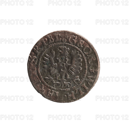 szelag; obverse: Prussian eagle with crowned letter S on its chest; rim inscription beginning with a heart: GEORG.WILH., AR., .SRIEL.; reverse: monogram composed of the letters GW; rim inscription beginning with a rosette, divided by the Hohenzollern coat of arms: S, PR - VSSIAE. 1628. Ducal Prussia (1525–1701), Königsberg. Coin, 1628; diameter 15.7 mm; weight 0.63 g; axis 0°.
