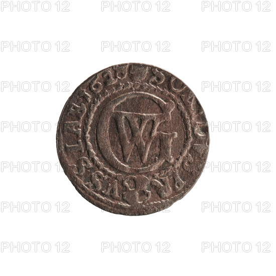 szelag, George William Hohenzollern (Elector of Brandenburg; Prince of Prussia; 1620–1640), Obv. Prussian eagle, on its chest the crowned letter S; in the rim between the borders an inscription beginning with a heart - the hallmark GEORG.WILH., AR., .SRIEL. Rev. Monogram composed of the letters GW; in the rim between the borders an inscription beginning with a rosette, divided by the Hohenzollern coat of arms S, PR - VSSIAE. 1628. Ducal Prussia (1525–1701), Königsberg; coin; diameter 15.7 mm; weight 0.63 g; axis 0°