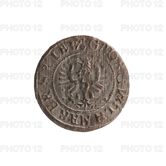 szelag, eagles, George William Hohenzollern (Elector of Brandenburg; Prince of Prussia; 1620–1640), rosettes, Hohenzollern (coat of arms). Obverse: Prussian eagle, on its chest the crowned letter S; in the rim between the borders an inscription beginning with a heart - the hallmark G, ORG.WILH.MAR.BR.SRIEL. Reverse: monogram composed of the letters GW; in the rim between the borders an inscription beginning with a rosette, divided by the Hohenzollern coat of arms SOLIDVS.PR - VSSIAE.1628. 1628, Königsberg, Ducal Prussia (1525–1701). Coin; diameter 16.5 mm; weight 0.58 g; axis 0°.
