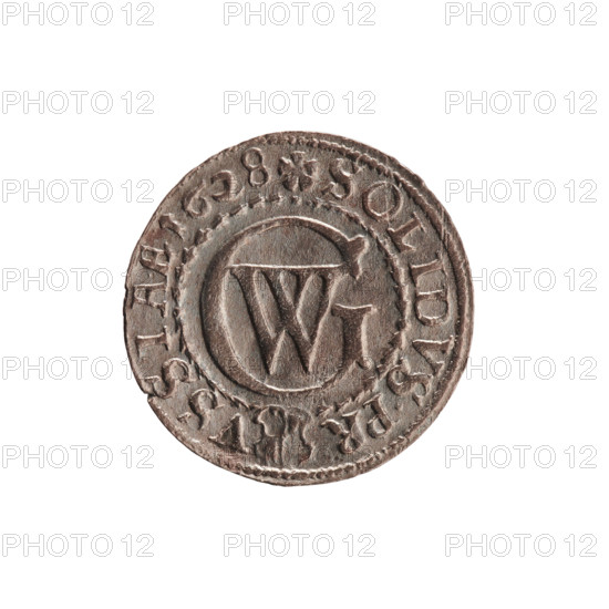 szelag; maker: Ernest Pfahler; obverse: Prussian eagle with crowned letter S on its chest; rim inscription beginning with a heart hallmark G: ORG.WILH.MAR.BR.SRIEL; reverse: monogram GW, rim inscription beginning with a rosette and divided by the Hohenzollern coat of arms: SOLIDVS.PR - VSSIAE.1628; date: 1628; place: Königsberg, Ducal Prussia (1525–1701); motifs: eagles, rosettes, Hohenzollern coat of arms, George William Hohenzollern (Elector of Brandenburg; Prince of Prussia; 1620–1640); coin, diameter 16.5 mm, weight 0.58 g, axis 0 degrees.