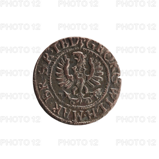 szelag by Ernest Pfahler; obverse: Prussian eagle with crowned letter S on its chest, rim inscription beginning with a heart: GEORG.WILH.MAR.BR.SRIEL.; reverse: monogram composed of the letters GW, rim inscription beginning with a rosette, divided by the Hohenzollern coat of arms: SOLIDV,-AE.1628.; dated 1628, Königsberg, Ducal Prussia (1525–1701); motifs: eagles, rosettes, Hohenzollern coat of arms; coin; diameter 15.9 mm; weight 0.55 g; axis 0°.