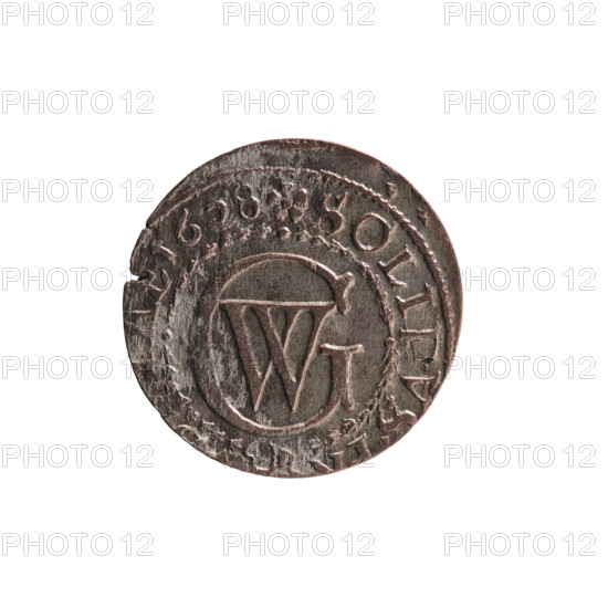 szelag; obverse: Prussian eagle with crowned letter S on its chest; rim inscription beginning with a heart: GEORG.WILH.MAR.BR.SRIEL.; reverse: monogram composed of the letters GW; rim inscription beginning with a rosette, divided by the Hohenzollern coat of arms: SOLIDV - AE.1628.; maker: Ernest Pfahler; motifs: eagles, rosettes, Hohenzollern (coat of arms); date: 1628; place: Königsberg, Ducal Prussia (1525–1701); denomination: coin (szelag); material: AE (silver?—AE typically denotes base metal); diameter 15.9 mm; weight 0.55 g; axis 0°.