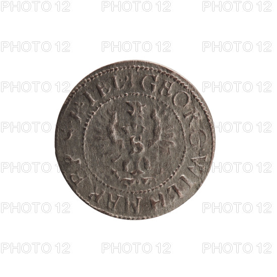 szelag, Ernest Pfahler; silver coin (szelag), diameter 16.4 mm, weight 0.68 g, axis 0°. Obverse: Prussian eagle bearing on its chest the crowned letter S; in rim between borders an inscription beginning with a heart hallmark, 'GEORG.WILH.MAR.B .RIEL.' Reverse: monogram composed of the letters GW; in rim between borders an inscription beginning with a rosette, divided by the Hohenzollern coat of arms: 'SOLID .PR - VSSIAE.1629'. Dated 1629, Königsberg, Ducal Prussia (1525–1701).