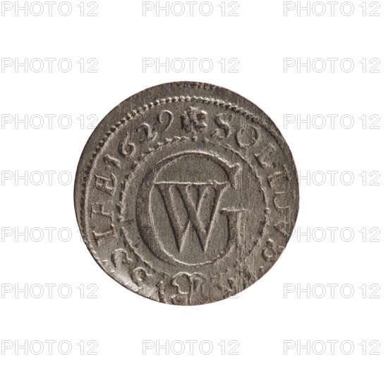 szelag; Ernest Pfahler; George William Hohenzollern (Elector of Brandenburg; Prince of Prussia; 1620–1640); obverse: Prussian eagle with crowned letter S on its chest; rim inscription beginning with a heart hallmark: GEORG.WILH.MAR.B, .RIEL.; reverse: monogram composed of the letters GW; rim inscription beginning with a rosette, divided by the Hohenzollern coat of arms: SOLID, .PR - VSSIAE.1629; dated 1629; Königsberg, Ducal Prussia (1525–1701); coin; diameter 16.4 mm; weight 0.68 g; axis 0°