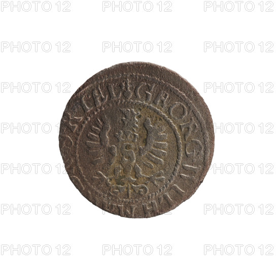 szelag, Pfahler, Ernest, eagles, George William Hohenzollern (Elector of Brandenburg; Prince of Prussia; 1620-1640), rosettes, Hohenzollern (coat of arms). Obverse: Prussian eagle, on its chest the crowned letter S; in the rim between the borders an inscription beginning with a heart - the hallmark GEORG., ILH, RIEL. Reverse: Monogram composed of the letters GW; in the rim between the borders an inscription beginning with a rosette, divided by the Hohenzollern coat of arms SOLIDVS.PR - VSSIAE.1629. Date: 1629. Place: Ducal Prussia, Königsberg. Coin: diameter 16.0 mm, weight 0.49 g, axis 0°.
