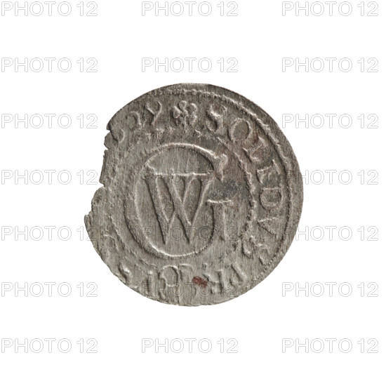 szelag, George William Hohenzollern (Elector of Brandenburg; Prince of Prussia; 1620–1640), obverse: Prussian eagle with crowned letter S on its chest, rim inscription beginning with a heart - the hallmark GEO, ILH.MAR.BR.SRIEL; reverse: monogram composed of the letters GW, rim inscription beginning with a rosette, divided by the Hohenzollern coat of arms SOLIDVS.PR - V, 29, 1629; Ducal Prussia (1525–1701), Königsberg; coin, diameter 16.4 mm, weight 0.54 g, axis 0°.