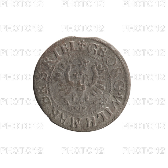 Szelag (coin), Ernest Pfahler. Obverse: Prussian eagle, on its chest the crowned letter S; in the rim between borders an inscription beginning with a heart: GEORG.WILH.MAR.BR.SRIEL. Reverse: monogram composed of the letters GW; in the rim between borders an inscription beginning with a rosette, divided by the Hohenzollern coat of arms: SOLID,-VSSIAE. Date: 1629. Mint: Königsberg, Ducal Prussia (1525–1701). Diameter 16.5 mm; weight 0.55 g; axis 0°.