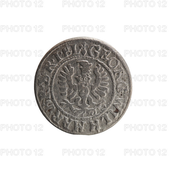szelag, Ernest Pfahler, Prussian coin (1629). Obverse: Prussian eagle with crowned letter S on its chest; rim inscription beginning with a heart: GEORG.WILH.MAR.BR.SRIEL. Reverse: monogram composed of the letters GW; rim inscription beginning with a rosette, divided by the Hohenzollern coat of arms: SOLIDVS.PR - VSSIAE.1629. Ducal Prussia (1525–1701), Königsberg. Coin: diameter 16.5 mm, weight 0.60 g, axis 0°.