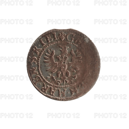 szelag, Pfahler, Ernest, George William Hohenzollern (Elector of Brandenburg; Prince of Prussia; 1620–1640), eagles, Hohenzollern (coat of arms), rosettes. Obverse: Prussian eagle; on its chest a crowned letter S. In the rim between the borders an inscription beginning with a heart — the hallmark GE, H.MAR.BR.SRIEL. Reverse: monogram composed of the letters GW. In the rim between the borders an inscription beginning with a rosette, divided by the Hohenzollern coat of arms: SOLIDV, -, 29, 1629. Ducal Prussia (1525–1701), Königsberg. Coin: diameter 16.2 mm, weight 0.50 g, axis 0°.