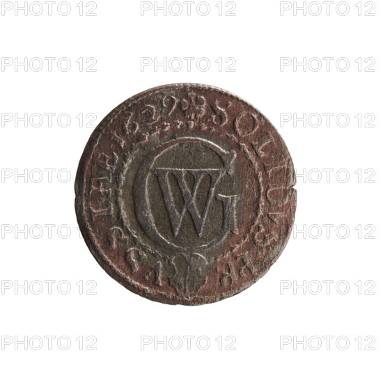 szelag, Pfahler, Ernest; George William Hohenzollern (Elector of Brandenburg; Prince of Prussia; 1620–1640); obverse: Prussian eagle, on its chest a crowned letter S; in the rim between the borders an inscription beginning with a heart — the hallmark GEORG.WILH.MA; reverse: monogram composed of the letters GW; in the rim between the borders an inscription beginning with a rosette, divided by the Hohenzollern coat of arms SOLIDVS.PR — VSSIAE.1629; dated 1629; Königsberg, Ducal Prussia (1525–1701); coin (szelag); diameter 16.6 mm; weight 0.57 g; axis 0°.