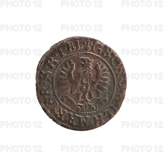 szelag, eagles, George William Hohenzollern (Elector of Brandenburg; Prince of Prussia; 1620-1640), rosettes, Hohenzollern (coat of arms). Obverse: Prussian eagle, on its chest the crowned letter S; in the rim between the borders an inscription beginning with a heart - the hallmark GEOR, ILH.MAR.BR.SRIEL. Reverse: monogram composed of the letters GW; in the rim between the borders an inscription beginning with a rosette, divided by the Hohenzollern coat of arms SOLIDVS.PR - VS, 1629, Königsberg, Ducal Prussia (1525–1701). Coin; diameter 16.2 mm; weight 0.39 g; axis 0°.