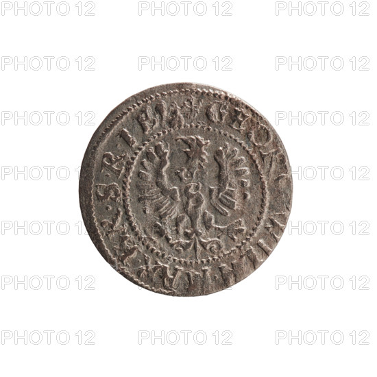 szelag; maker: Ernest Pfahler; date: 1630; Duchy: Ducal Prussia (1525–1701), Königsberg; coin (diameter 16.0 mm, weight 0.47 g, axis 0°). Obverse: Prussian eagle, on its chest a crowned letter S; in the rim between the borders an inscription beginning with a heart — hallmark, GEOR. WILH. MAR. BR. SRIE (abbreviated). Reverse: monogram composed of the letters GW; in the rim between the borders an inscription beginning with a rosette, divided by the Hohenzollern coat of arms, SOLIDVS.PR - SSIAE.1630. Decorations: eagles, Hohenzollern coat of arms, rosettes.