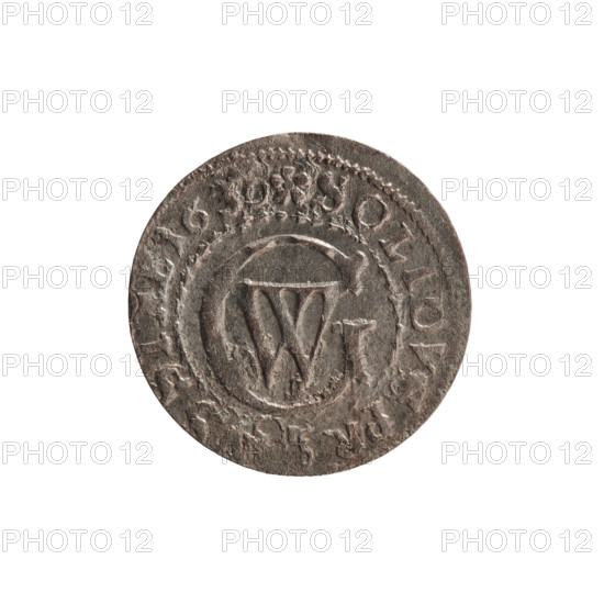 szelag; maker: Ernest Pfahler; coin (Ducal Prussia, Königsberg), 1630; material: unspecified; diameter 16.0 mm; weight 0.47 g; axis 0°. WQXBCFS
I:\nmw crop ready cleaned\Obverse: Prussian eagle, on its chest a crowned letter S; in rim between borders an inscription beginning with a heart-hallmark, 'GEOR, WILH.MAR.BR.SRIE'. WQXBCFS
I:\nmw crop ready cleaned\Reverse: monogram composed of the letters GW; in rim between borders an inscription beginning with a rosette, divided by the Hohenzollern coat of arms: 'SOLIDVS.PR - SSIAE.1630'. WQXBCFS
I:\nmw crop ready cleaned\Decorative motifs: eagles, Hohenzollern coat of arms, rosettes. Historical association: George William Hohenzollern (Elector of Brandenburg; Prince of Prussia; reign 1620–1640).