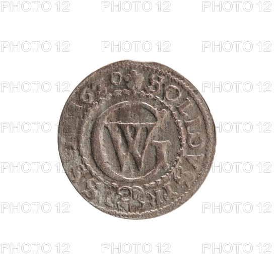 szelag by Ernest Pfahler, George William Hohenzollern (Elector of Brandenburg; Prince of Prussia; 1620–1640), 1630. Obverse: Prussian eagle with a crowned letter S on its chest; rim inscription beginning with a heart — 'GEOR, WILH.MAR.BR.SRIEL.' Reverse: monogram composed of the letters GW; rim inscription beginning with a rosette, divided by the Hohenzollern coat of arms — 'SOLIDVS.PR - VSS.' Ducal Prussia (1525–1701), Königsberg. Coin: diameter 16.4 mm, weight 0.51 g, axis 0°.