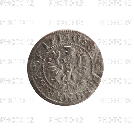 szelag, Pfahler, Ernest; eagles; George William Hohenzollern (Elector of Brandenburg; Prince of Prussia; 1620–1640); rosettes; Hohenzollern (coat of arms). Obverse: Prussian eagle bearing on its chest the crowned letter S. In the rim between the borders an inscription beginning with a heart — the hallmark, GE, ILH.MAR.BR, I.EL. Reverse: monogram composed of the letters GW. In the rim between the borders an inscription beginning with a rosette, divided by the Hohenzollern coat of arms: SOL, DVS.PR — VSSIAE. 1630. Ducal Prussia (1525–1701), Königsberg. Coin: diameter 16.3 mm, weight 0.55 g, axis 0°.