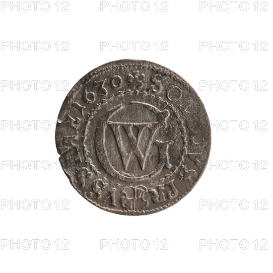 szelag, obverse: Prussian eagle with crowned letter S on its chest; reverse: monogram composed of the letters GW and Hohenzollern coat of arms; inscriptions in rim: obv. beginning with a heart - the hallmark GE, ILH.MAR.BR, I.EL.; rev. beginning with a rosette, divided by Hohenzollern coat of arms: SOL, DVS.PR - VSSIAE.1630; date 1630; George William Hohenzollern (Elector of Brandenburg; Prince of Prussia; 1620–1640); Ducal Prussia (1525–1701), Königsberg; coin (szelag), diameter 16.3 mm, weight 0.55 g, axis 0°