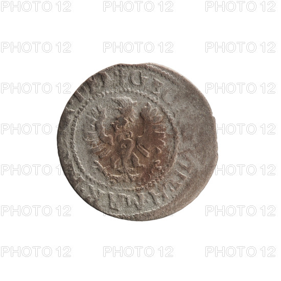 szelag, George William Hohenzollern (Elector of Brandenburg; Prince of Prussia; 1620–1640), eagles, rosettes, Hohenzollern (coat of arms). Obverse: Prussian eagle, on its chest a crowned letter S. Rim inscription beginning with a heart — the hallmark, GEO, H. MAR.; reverse: monogram composed of the letters GW; rim inscription beginning with a rosette, divided by the Hohenzollern coat of arms, S - VS, 630, 1630, Königsberg. Ducal Prussia (1525–1701). Coin: diameter 16.3 mm, weight 0.55 g, axis 0°.