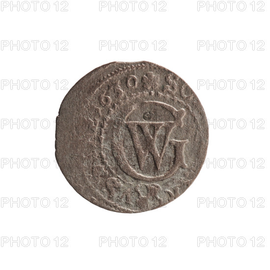 szelag, Ernest Pfahler; Obv.: Prussian eagle with a crowned letter S on its chest; rim inscription beginning with a heart—hallmark, GEO, H. MAR., Rw.; monogram composed of the letters GW; Rev.: inscription beginning with a rosette, divided by the Hohenzollern coat of arms, S - VS, 630, 1630; George William Hohenzollern (Elector of Brandenburg; Prince of Prussia; 1620–1640); Königsberg; Ducal Prussia (1525–1701); coin; diameter 16.3 mm; weight 0.55 g; axis 0°
