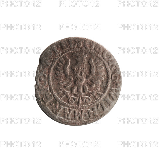szelag; eagles; George William Hohenzollern (Elector of Brandenburg; Prince of Prussia; 1620–1640); Hohenzollern (coat of arms); rosettes. Obverse: Prussian eagle, on its chest a crowned letter S; in the rim between the borders an inscription beginning with a heart - hallmark, ORG.WILH.MAR.B. Reverse: monogram composed of the letters GW; in the rim between the borders an inscription beginning with a rosette, divided by the Hohenzollern coat of arms SOLIDVS.PR - VSSI; date 1633. Ducal Prussia (1525–1701), Königsberg. Coin: diameter 15.8 mm, weight 0.54 g, axis 0°.