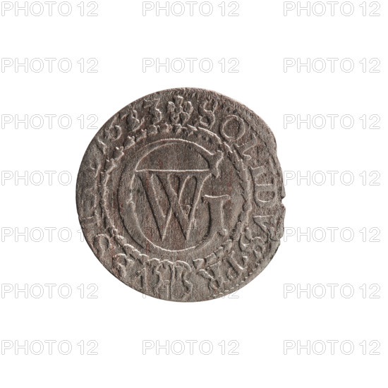 Szelag; maker: Ernest Pfahler; coin depicting Prussian eagle with on its chest a crowned letter S; obverse rim inscription beginning with a heart hallmark, ORG.WILH.MAR.B; reverse monogram composed of the letters GW; reverse rim inscription beginning with a rosette, divided by the Hohenzollern coat of arms SOLIDVS.PR - VSSI; date 1633; associated with George William Hohenzollern (Elector of Brandenburg; Prince of Prussia; 1620–1640); Hohenzollern coat of arms and rosettes; Duchy of Prussia (1525–1701), Königsberg; coin; diameter 15.8 mm; weight 0.54 g; axis 0 degrees.