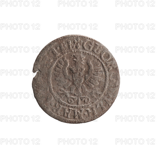 szelag, George William Hohenzollern (Elector of Brandenburg; Prince of Prussia; 1620–1640), Obv. Prussian eagle, on its chest a crowned letter S; rim inscription beginning with a heart—GEORG.WILH.MAR.; Rv. monogram composed of the letters GW; rim inscription beginning with a rosette, divided by the Hohenzollern coat of arms SO, PR - VS, 1633; Ducal Prussia (1525–1701), Königsberg; coin, diameter 16.0 mm, weight 0.50 g, axis 0°.