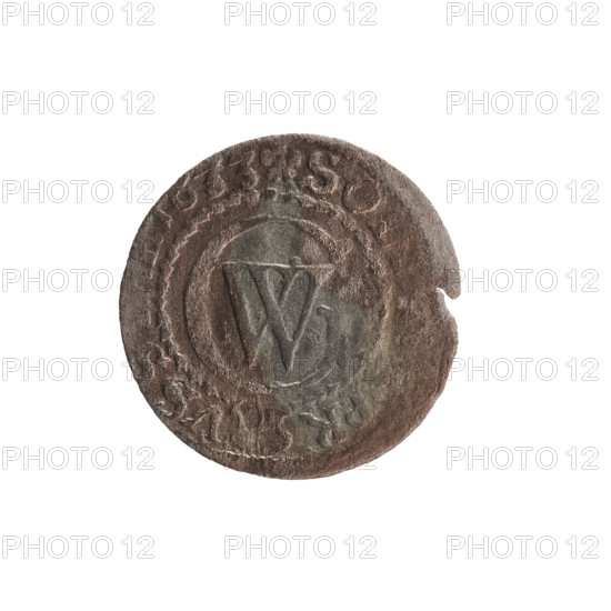 szelag, George William Hohenzollern (Elector of Brandenburg; Prince of Prussia; 1620–1640), 1633; Obverse: Prussian eagle, on its chest a crowned letter S; rim inscription beginning with a heart - GEORG.WILH.MAR., I.EL.; Reverse: monogram composed of the letters GW; rim inscription beginning with a rosette, divided by the Hohenzollern coat of arms SO, PR - VS, 1633; Ducal Prussia (1525–1701), Königsberg; coin, diameter 16.0 mm, weight 0.50 g, axis 0°
