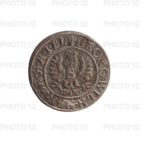 szelag, George William Hohenzollern (Elector of Brandenburg; Prince of Prussia; 1620–1640), Obv. Prussian eagle with crowned letter S on its chest; rim inscription beginning with a heart: GEORG.WILH.MAR.BR.SRIEL. Rev. monogram composed of the letters GW; rim inscription beginning with a rosette, divided by the Hohenzollern coat of arms: SOLIDVS.PR - VS, 33, 1633. Ducal Prussia (1525–1701), Königsberg. Coin: diameter 16.4 mm, weight 0.45 g, axis 0°.