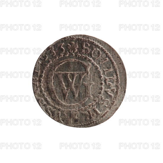 szelag, Pfahler, Ernest; obverse: Prussian eagle with crowned letter S on its chest, rim inscription beginning with a heart reading GEORG.WILH.MAR.BR.SRIEL; reverse: monogram composed of the letters GW, rim inscription beginning with a rosette divided by the Hohenzollern coat of arms reading SOLIDVS.PR - VS, 33, 1633; motifs: eagles, Hohenzollern coat of arms, rosettes; Ducal Prussia (1525–1701), Königsberg; coin (szelag), diameter 16.4 mm, weight 0.45 g, axis 0 degrees.