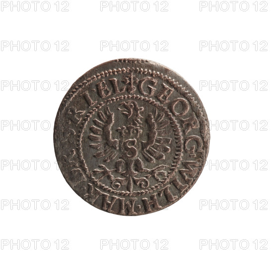 Szelag, Pfahler, Ernest. Obverse: Prussian eagle with crowned letter S on its chest; in the rim between the borders an inscription beginning with a heart: GEORG.WILH.MAR.BR.SRIEL. Reverse: monogram composed of the letters GW; in the rim between the borders an inscription beginning with a rosette, divided by the Hohenzollern coat of arms: SOLIDVS.PR - VSSIAE.1633. Date: 1633. Issued in Ducal Prussia (1525–1701), Königsberg. Coin (szelag): diameter 16.4 mm, weight 0.57 g, axis 0°.