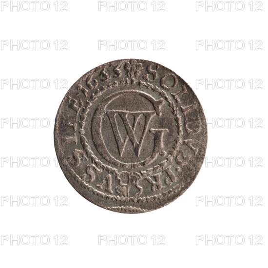 Szelag (coin), Ernest Pfahler. Obverse: Prussian eagle bearing on its chest the crowned letter S; in the rim between the borders an inscription beginning with a heart — GEORG.WILH.MAR.BR.SRIEL. Reverse: monogram composed of the letters GW; in the rim between the borders an inscription beginning with a rosette, divided by the Hohenzollern coat of arms — SOLIDVS.PR·VSSIAE·1633. Date: 1633. Place: Ducal Prussia (1525–1701), Königsberg. Material/format: coin; diameter 16.4 mm; weight 0.57 g; axis 0°.