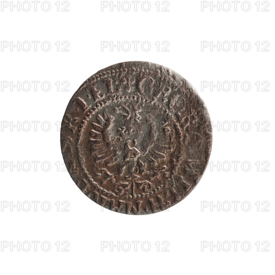 szelag, eagles, George William Hohenzollern (Elector of Brandenburg; Prince of Prussia; 1620-1640), rosettes, Hohenzollern (coat of arms). Obverse: Prussian eagle, on its chest the crowned letter S; in the rim between the borders an inscription beginning with a heart — the hallmark, E, R, WILH.M, RIEL. Reverse: monogram composed of the letters GW; in the rim between the borders an inscription beginning with a rosette, divided by the Hohenzollern coat of arms SO, IDVS, -, 33, 1633. Ducal Prussia (1525–1701), Königsberg. Coin: diameter 15.9 mm, weight 0.54 g, axis 0 degrees.
