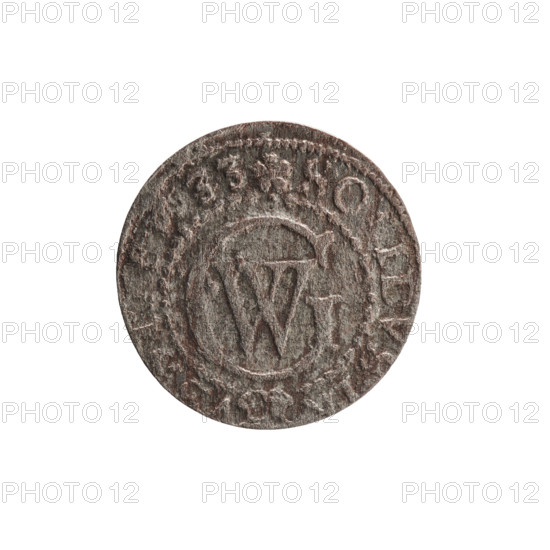 szelag; obverse: Prussian eagle with crowned letter S on its chest; reverse: monogram composed of the letters GW and Hohenzollern coat of arms; rim inscriptions beginning with a heart hallmark, E, R, WILH.M, RIEL on obverse rim; rim inscription beginning with a rosette, divided by the Hohenzollern coat of arms, reading SO, IDVS, -, 33, 1633 on reverse rim; references: George William Hohenzollern (Elector of Brandenburg; Prince of Prussia; 1620–1640); Ducal Prussia (1525–1701), Königsberg; rosettes; diameter 15.9 mm; weight 0.54 g; axis 0 degrees.