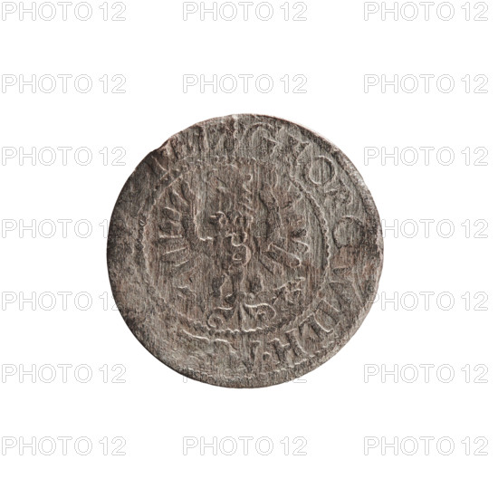 szelag; maker: Pfahler, Ernest. Obverse: Prussian eagle with a crowned letter S on its chest; inscription in rim beginning with a heart; hallmark GEORG.WILH.; monogram composed of letters GW. Reverse: Hohenzollern coat of arms between rosettes; rim inscription beginning with a rosette, divided by the coat of arms: SOLIDVS., R - VS, E.1633. Date: 1633. Place: Königsberg, Ducal Prussia (1525–1701). Coin; diameter 15.8 mm; weight 0.45 g; axis 0°.