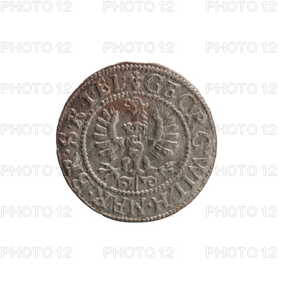 szelag (coin), 1633, Ducal Prussia (1525–1701), Königsberg. Obverse: Prussian eagle with crowned letter S on its chest; rim inscription beginning with a heart, reading GEORG.WILH.MAR.BR.SRIEL. Reverse: monogram composed of the letters GW; rim inscription beginning with a rosette, divided by the Hohenzollern coat of arms, reading SOLIDVS.PR. Features: Hohenzollern coat of arms, eagles, rosettes. Diameter 16.3 mm; weight 0.44 g; axis 0°. Maker: George William Hohenzollern (Elector of Brandenburg; Prince of Prussia; 1620–1640).