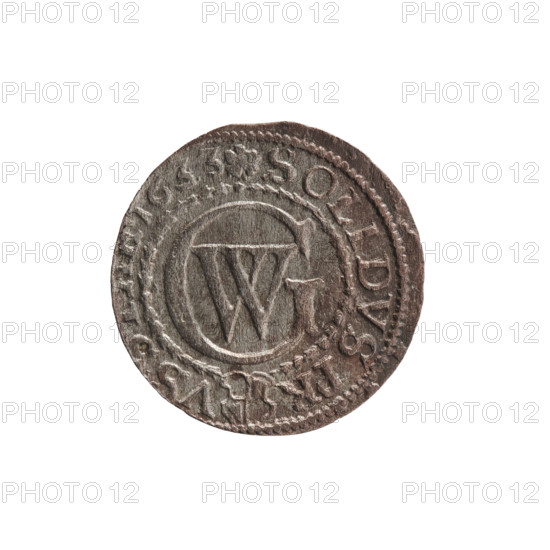 szelag; Ernest Pfahler; obverse: Prussian eagle with crowned letter S on its chest; rim inscription beginning with a heart: GEORG.WILH.MAR.BR.SRIEL; reverse: monogram composed of letters GW; rim inscription beginning with a rosette, divided by the Hohenzollern coat of arms: SOLIDVS.PR - VS; date 1633; 633; Ducal Prussia (1525–1701), Königsberg; coin; diameter 16.3 mm; weight 0.44 g; axis 0°.