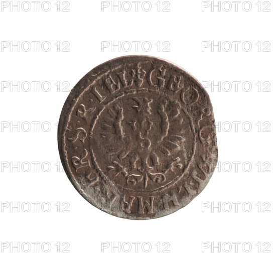 szelag, Pfahler, Ernest; Obverse: Prussian eagle with crowned letter S on its chest; in the rim between the borders an inscription beginning with a heart: GEORG.WILH.MAR.BR.SRIEL. Reverse: monogram composed of the letters GW; in the rim between the borders an inscription beginning with a rosette, divided by the Hohenzollern coat of arms: DVS.PR - VSSIAE, 1619 - 1640. Maker: George William Hohenzollern (Elector of Brandenburg; Prince of Prussia; 1620–1640). Ducal Prussia (1525–1701), Königsberg. Coin: szelag; diameter 16.6 mm; weight 0.59 g; axis 0 degrees.